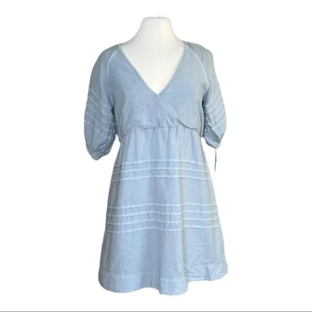 7 For All Mankind Light Wash Denim Back Tie Puff Sleeve Babydoll Mini-Dress